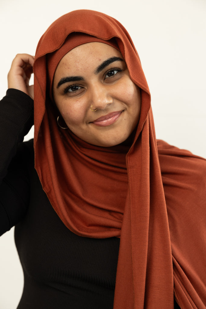 jersey hijab in burnt orange with matching under cap