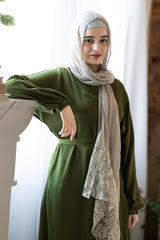 solid gray hijab made with modal fabric and embellished with lace at the ends