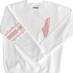 white crewneck sweater with palestine map and tatreez embroidery