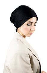 jersey black satin lined under cap with adjustable tie and silicone non slip grip