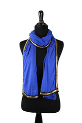 royal blue jersey hijab embellished with a gold trim along the edges