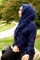 solid navy hijab made with modal fabric and embellished with lace at the ends