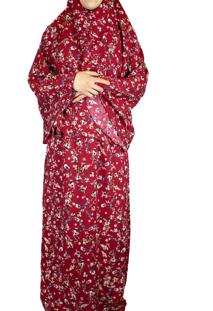 two piece salah outfit with hijab and skirt printed with maroon floral
