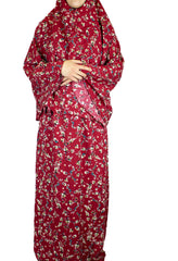 two piece salah outfit with hijab and skirt printed with maroon floral