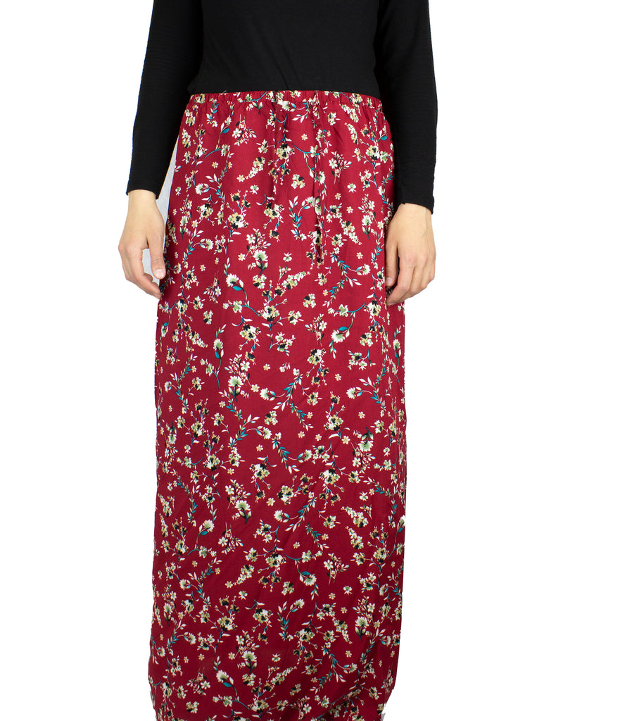 maroon floral print two piece salah prayer outfit with hijab and skirt