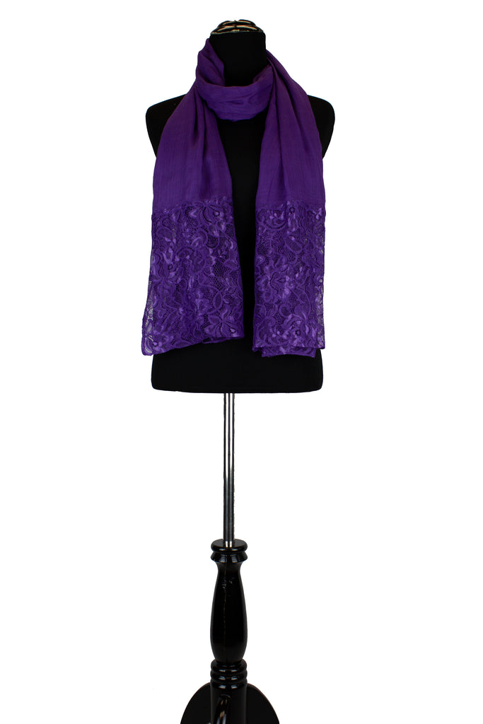 solid purple hijab made with modal fabric and embellished with lace at the ends