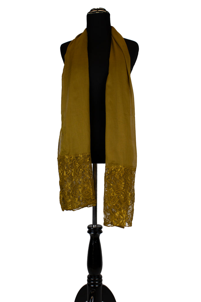 solid mocha hijab made with modal fabric and embellished with lace at the ends