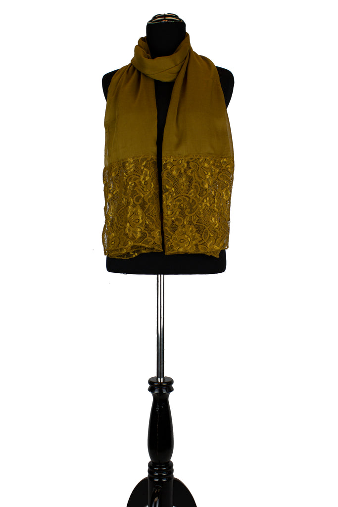 solid mocha hijab made with modal fabric and embellished with lace at the ends