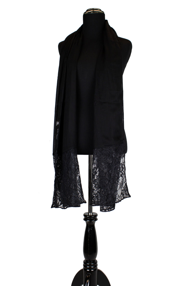 solid black hijab made with modal fabric and embellished with lace