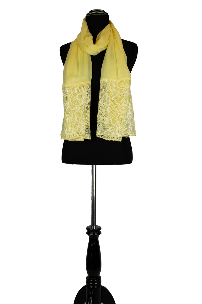 solid light yellow hijab made with modal fabric and embellished with lace at the ends