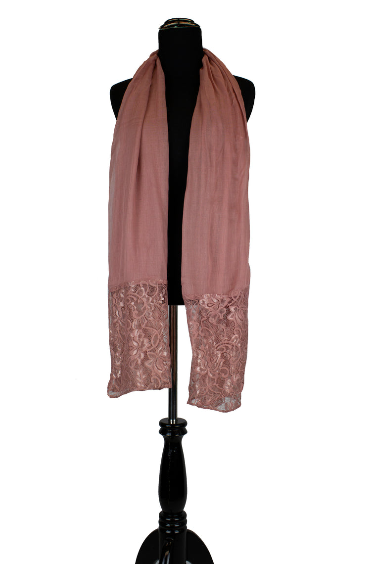 solid mauve hijab made with modal fabric and embellished with lace at the ends