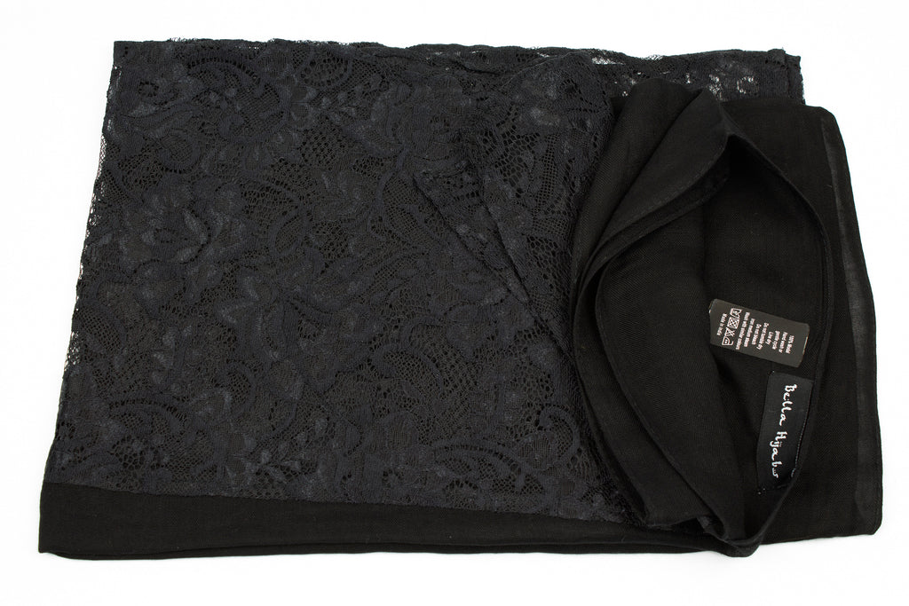 solid black hijab made with modal fabric and embellished with lace