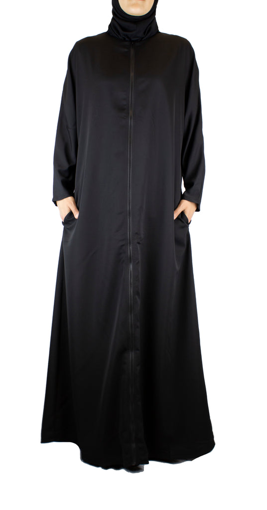 simple black abaya with a zipper and pockets