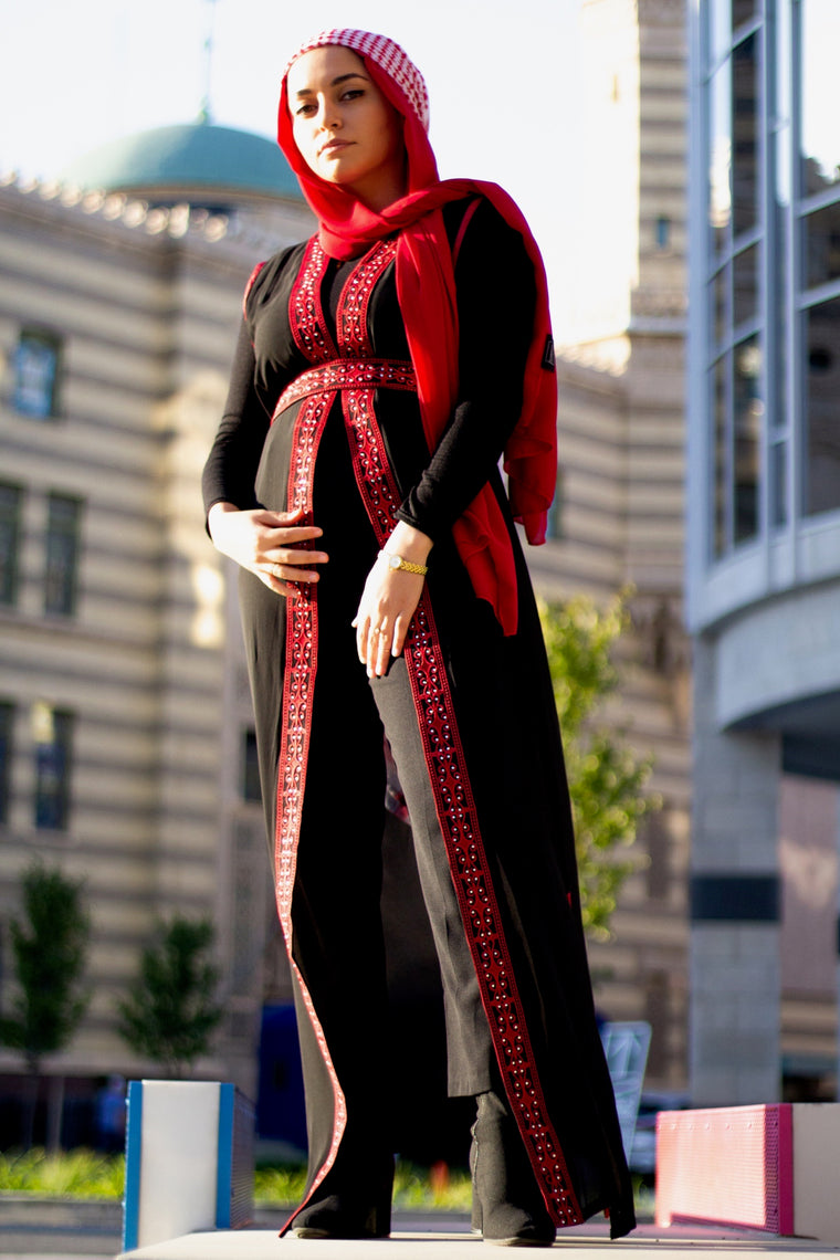 Embroidered Duster Abaya - Red