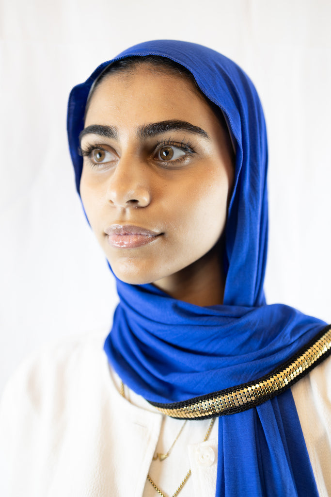 royal blue jersey hijab with gold sequin trim