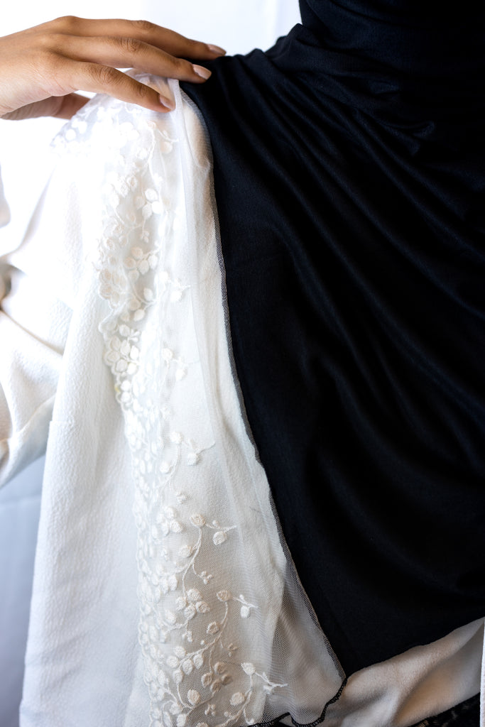 black jersey hijab with white lace end