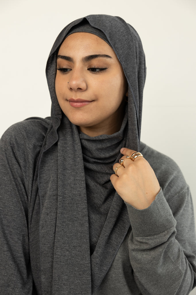 dark heathered gray under scarf tube cap for hijab with matching jersey hijab