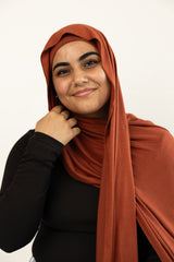 jersey hijab in burnt orange with matching under cap 