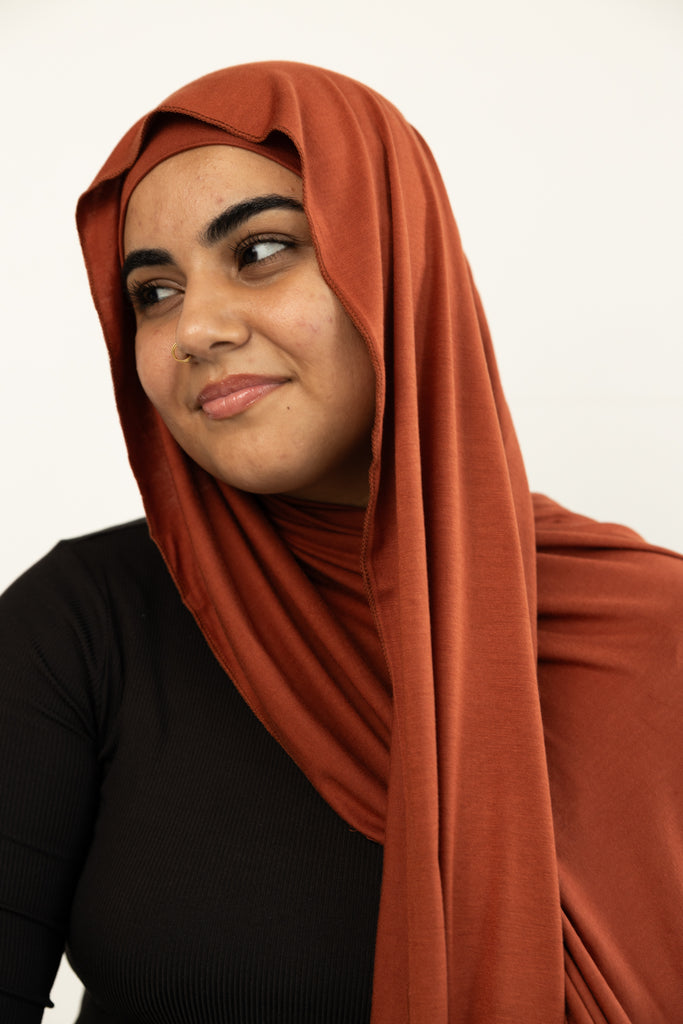 jersey hijab in burnt orange with matching under cap 