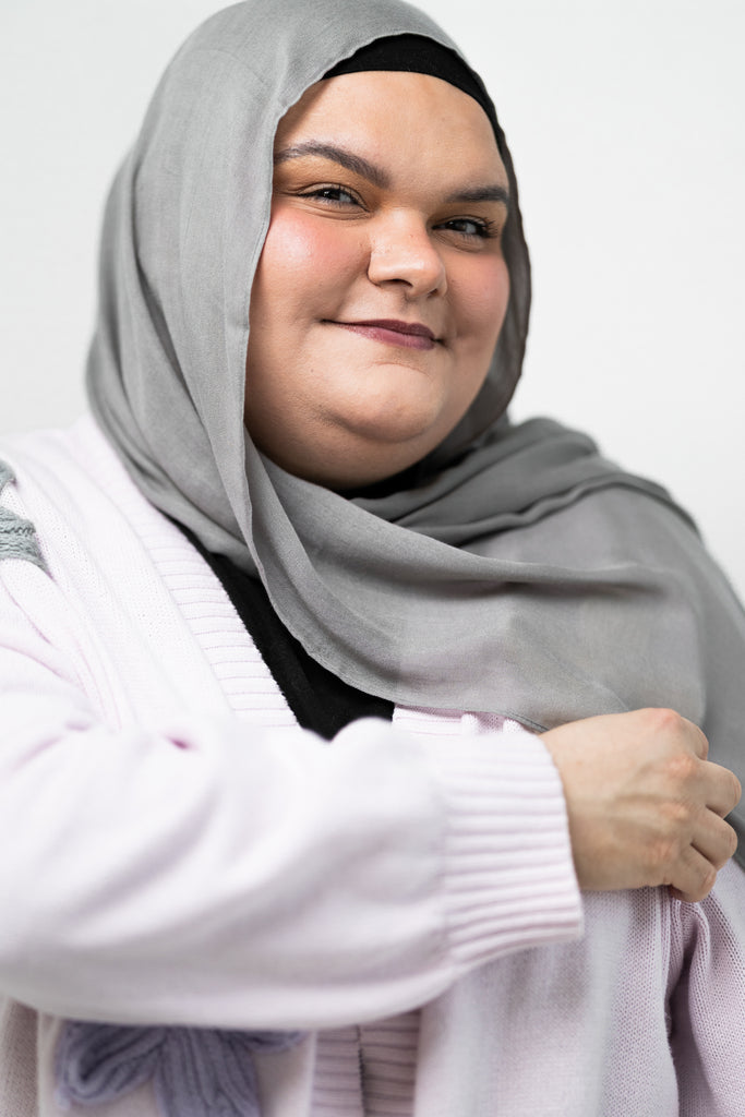 gray pebble shade modal hijab on a woman
