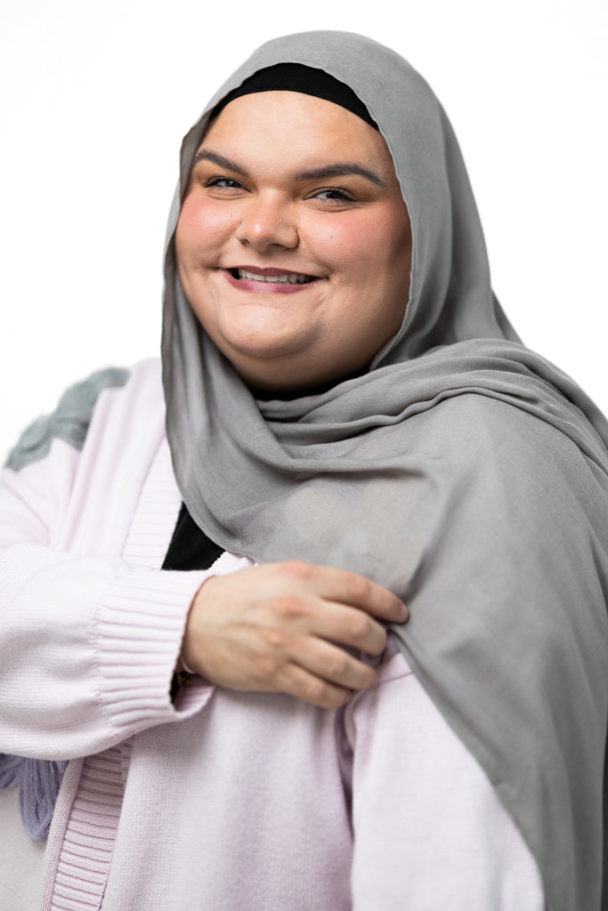 gray pebble shade modal hijab on a woman