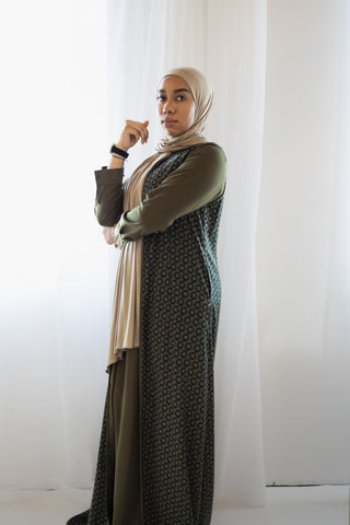 two piece abaya set with printed geometric cardigan and solid dress in olive and black