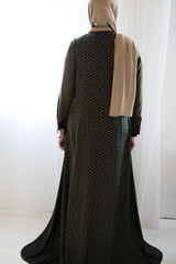 two piece abaya set with printed geometric cardigan and solid dress in olive and black