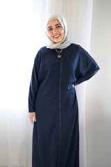 simple navy abaya with a zipper and pockets