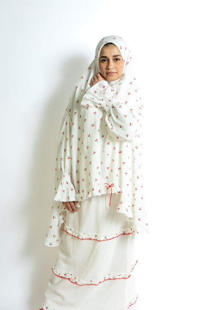 cherry printed prayer gown with ribbons and lace with hijab and sleeves and skirt