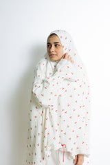 cherry printed prayer gown with ribbons and lace with hijab and sleeves and skirt