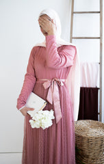 pink polka dot long sleeve maxi dress with satin waist belt