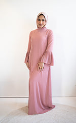 long sleeve mauve maxi dress with bell sleeves and pearls