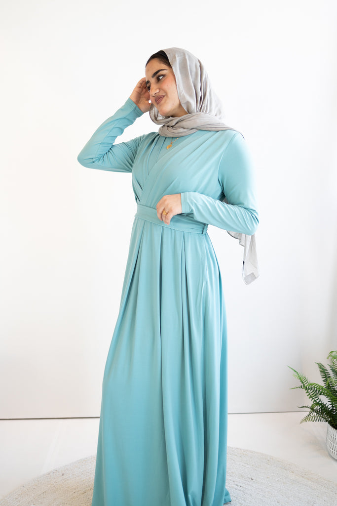Long Sleeve Criss Cross Maxi Dress - Teal – Bella Hijabs
