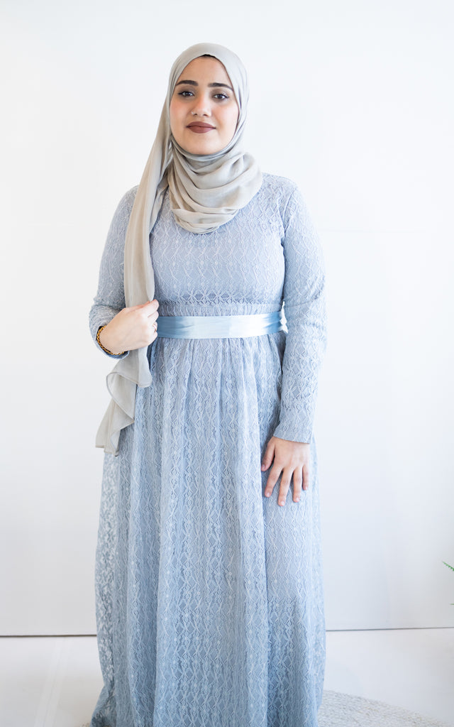 Long Sleeve Lace Maxi Dress with Satin Belt - Pale Blue Long Sleeve Lace Maxi Dress with Satin Belt - Pale Blue