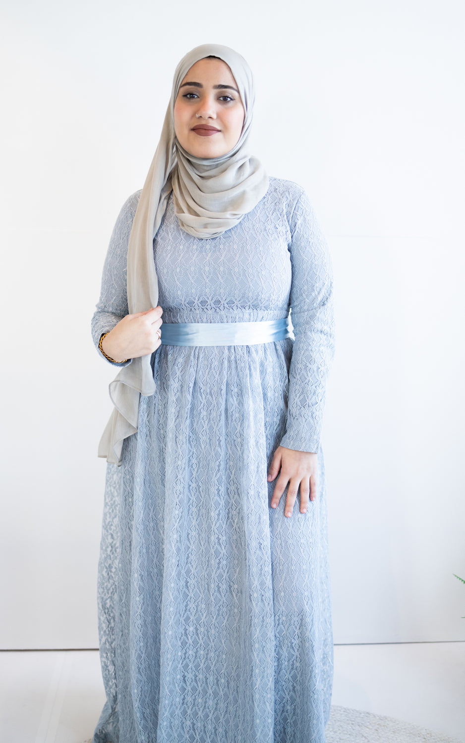 Long Sleeve Lace Maxi Dress with Satin Belt - Pale Blue Bella Hijabs Long Sleeve Lace Maxi Dress with Satin Belt - Pale Blue Bella Hijabs