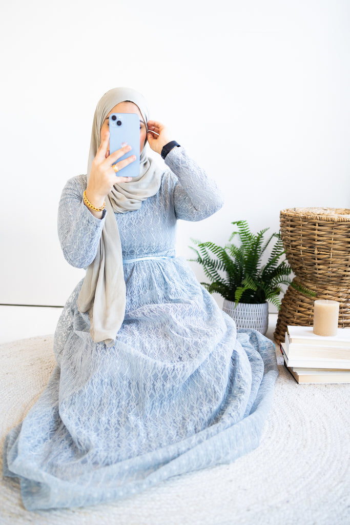 Long Sleeve Lace Maxi Dress with Satin Belt - Pale Blue Bella Hijabs Long Sleeve Lace Maxi Dress with Satin Belt - Pale Blue Bella Hijabs