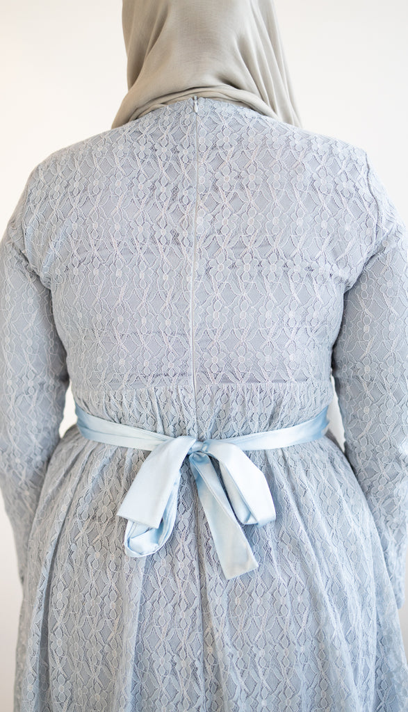 Long Sleeve Lace Maxi Dress with Satin Belt - Pale Blue Bella Hijabs Long Sleeve Lace Maxi Dress with Satin Belt - Pale Blue Bella Hijabs