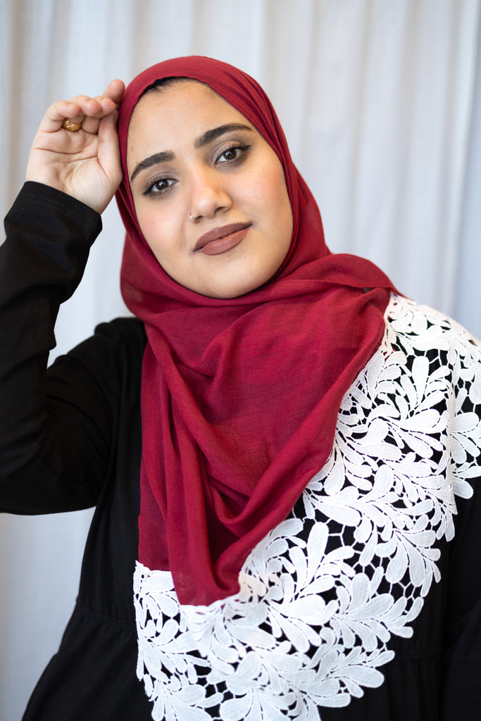 dark red viscose hijab with white embroidery lace on the ends