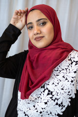 dark red viscose hijab with white embroidery lace on the ends