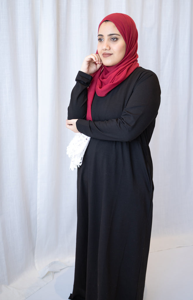 simple black long sleeve maxi dress with pockets