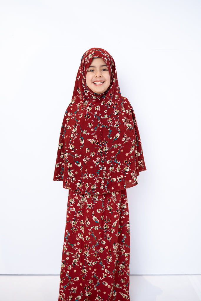 skirt for salah set with maroon floral print