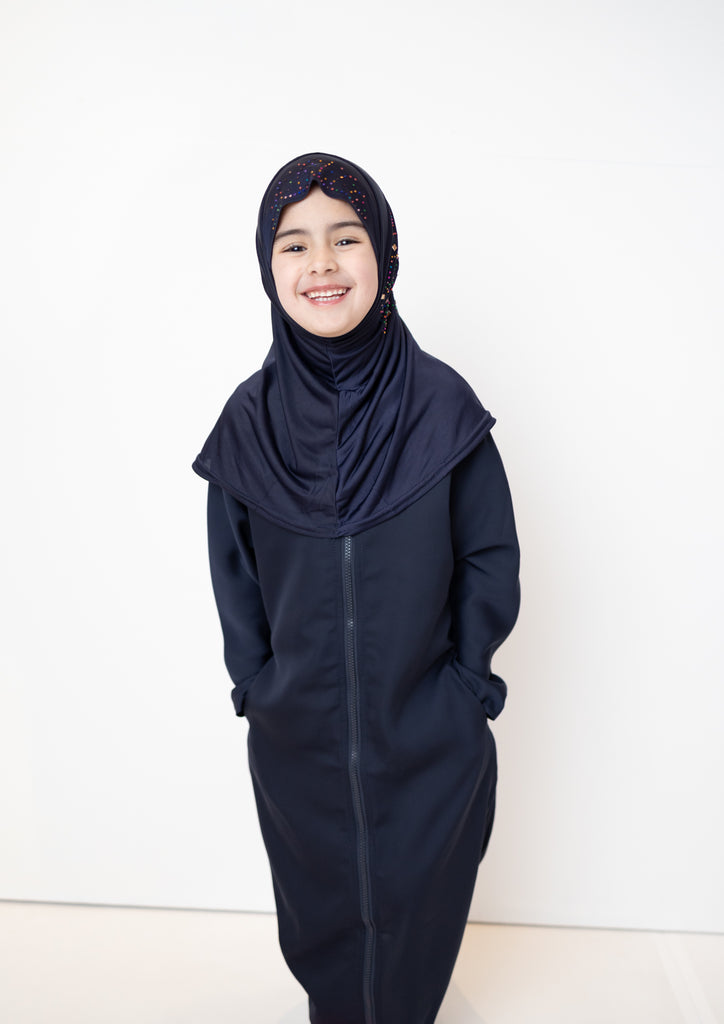 simple navy abaya with a zipper and pockets