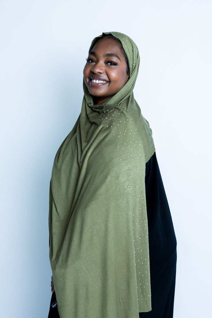 Beaded Jersey Hijab - Light Olive