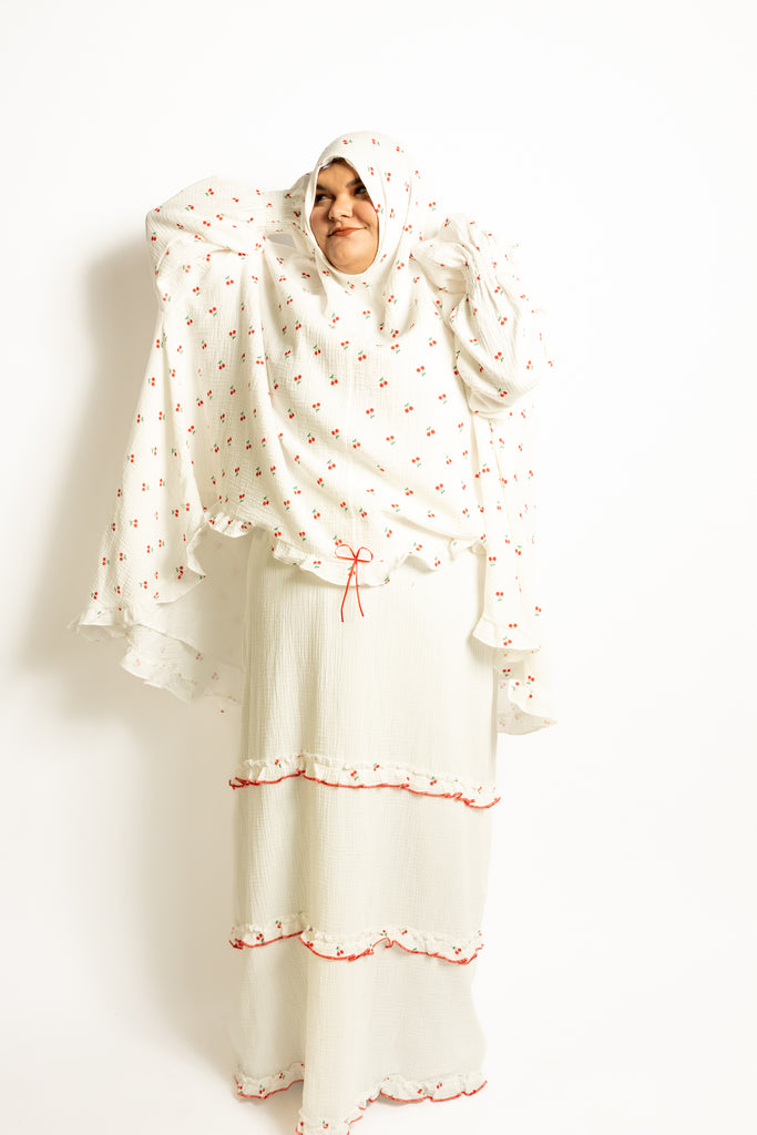 cherry printed prayer gown with ribbons and lace with hijab and sleeves and skirt