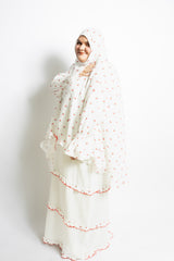 cherry printed prayer gown with ribbons and lace with hijab and sleeves and skirt