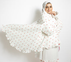 cherry printed prayer gown with ribbons and lace with hijab and sleeves and skirt