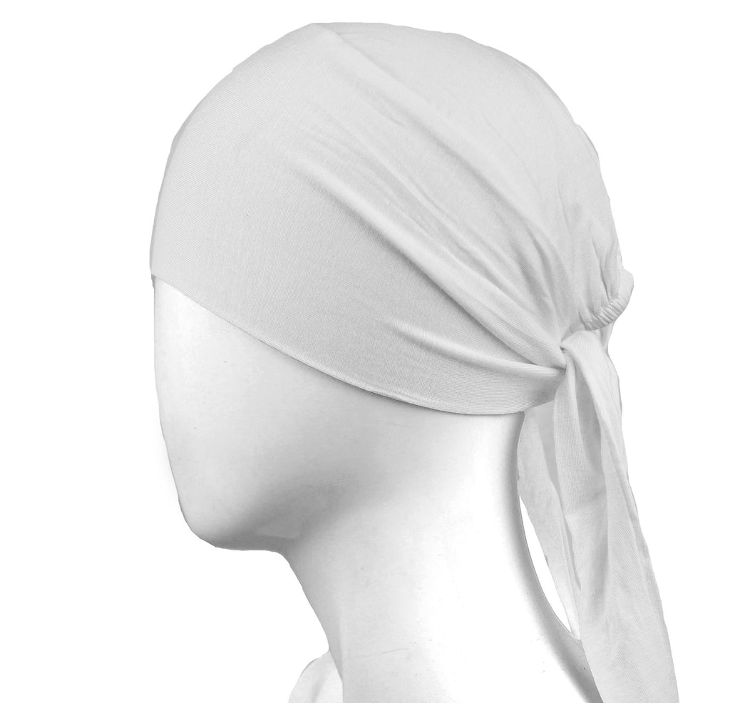 tie back under cap in white that covers around the hair with two strings to tie