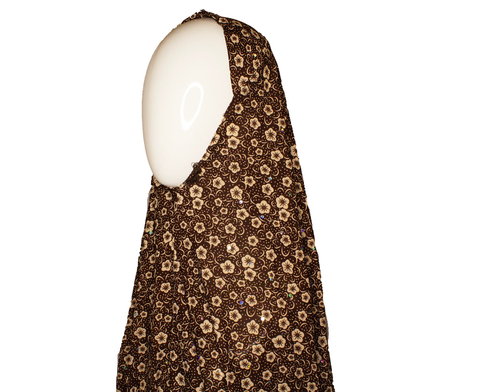 long printed brown one piece slip on hijab with sequins