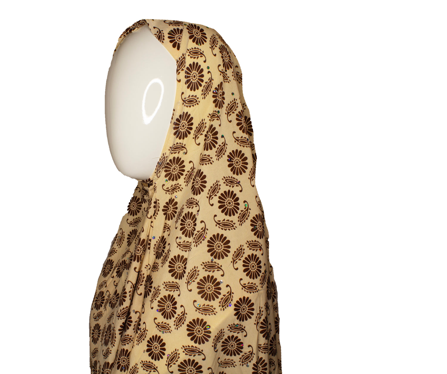 long printed white and brown one piece slip on hijab with sequins