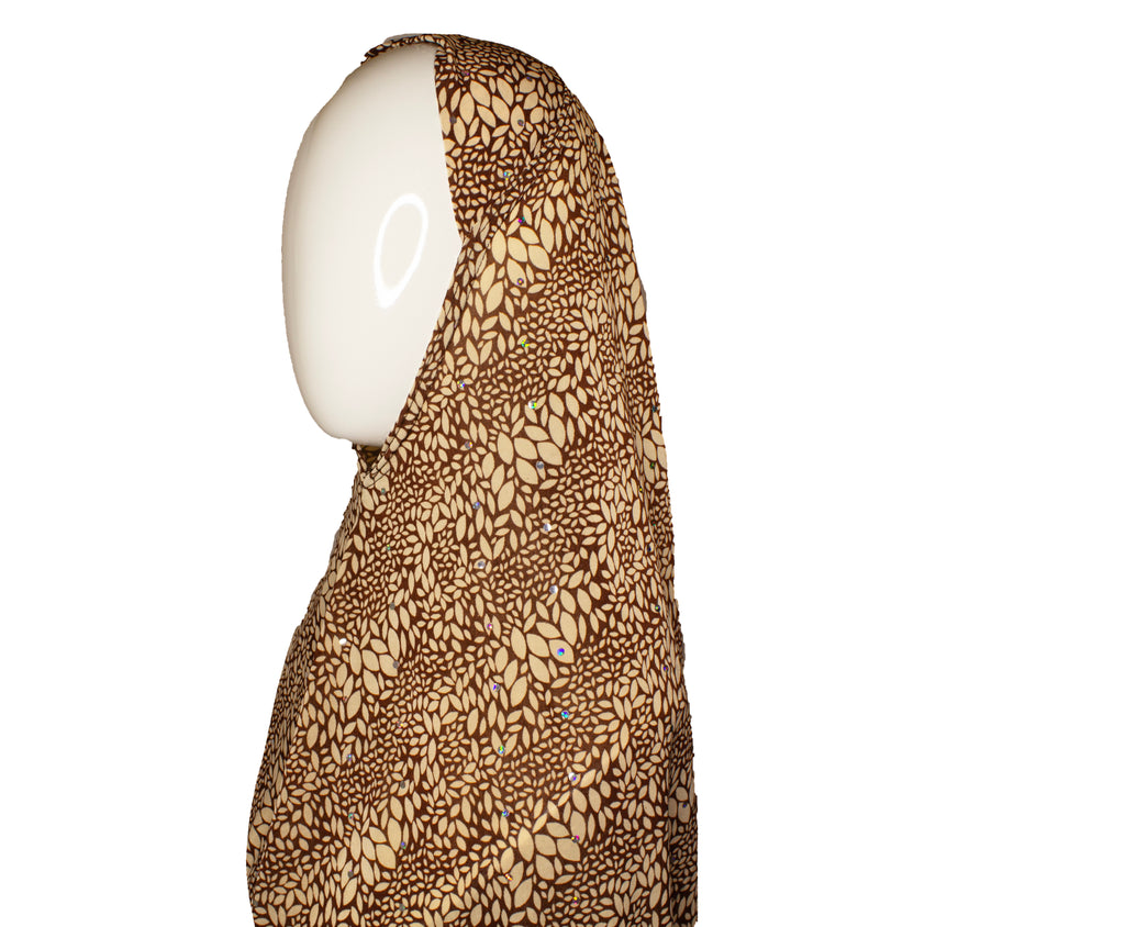 long printed brown and tan one piece slip on hijab with sequins